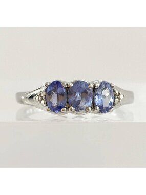 Triple Tanzanite Gemstone Minimalist Sterling Silver 925 Vintage Ring - sz 7